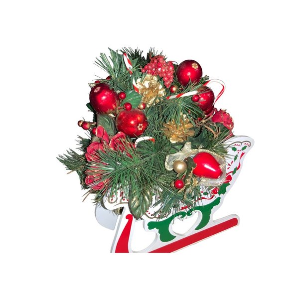 Wood Santa sleigh with Artificial Arrangement Centerpiece vintage - Picture 3 of 15